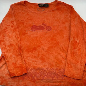 Harley Davidson Shirt Womens 1W Red Orange Motorcycles Biker Rhinestones USA